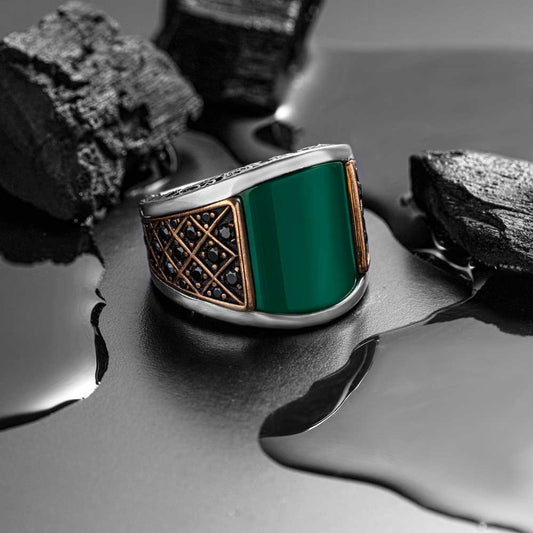 RARE PRINCE by CARAT SUTRA | Unique Designed Turkish Style Curved Ring with Green Onyx | 925 Sterling Silver Gold Plated Ring | Men's Jewelry | With Certificate of Authenticity and 925 Hallmark - caratsutra