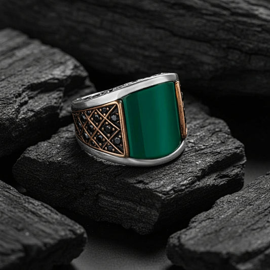 RARE PRINCE by CARAT SUTRA | Unique Designed Turkish Style Curved Ring with Green Onyx | 925 Sterling Silver Gold Plated Ring | Men's Jewelry | With Certificate of Authenticity and 925 Hallmark - caratsutra
