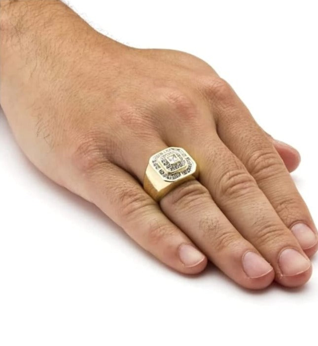 RARE PRINCE by CARAT SUTRA | Exclusive Classic Gold Signet Statement Ring Studded with CZ white zircons | 22kt Gold Plated Sterling Silver 925 Ring | Jewellery for Men| With Certificate of Authenticity and 925 Hallmark - caratsutra