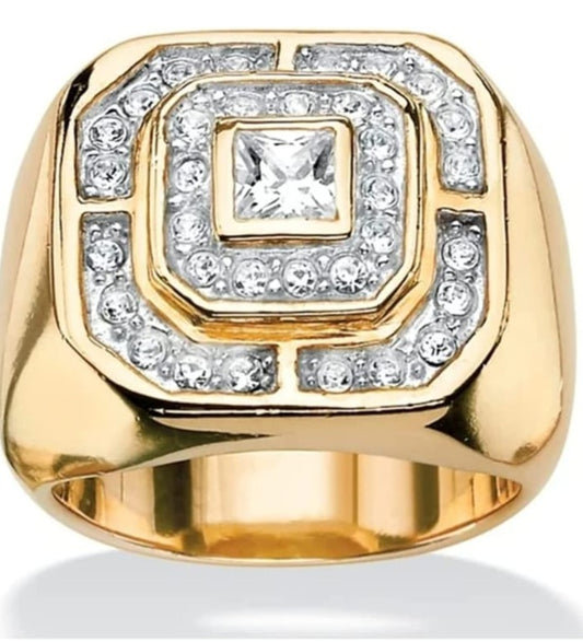 RARE PRINCE by CARAT SUTRA | Exclusive Classic Gold Signet Statement Ring Studded with CZ white zircons | 22kt Gold Plated Sterling Silver 925 Ring | Jewellery for Men| With Certificate of Authenticity and 925 Hallmark