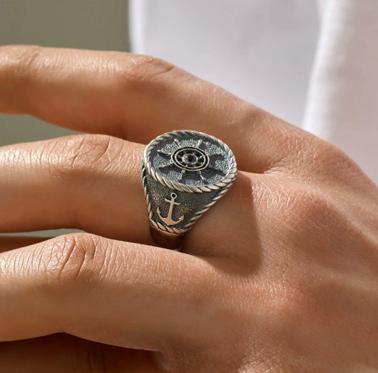 RARE PRINCE by CARAT SUTRA | Exclusive Signet Style Rudder Ring for Men, Oxidized Sterling Silver 925 Ring | Jewellery for Men| With Certificate of Authenticity and 925 Hallmark - caratsutra