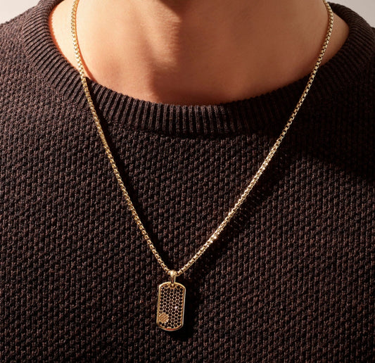 RARE PRINCE by CARAT SUTRA | Unique Designed Paved Tag Pendant Studded with Black Zircons | 22kt Gold Micron Plated 925 Sterling Silver Pendant | Men's Jewelry | With Certificate of Authenticity and 925 Hallmark - caratsutra