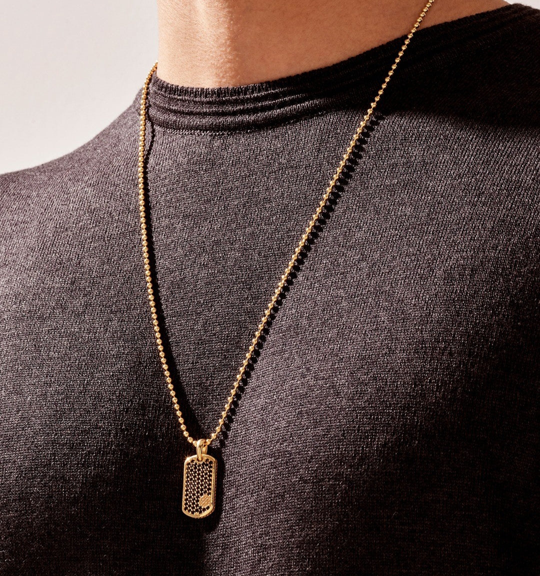 RARE PRINCE by CARAT SUTRA | Unique Designed Paved Tag Pendant Studded with Black Zircons | 22kt Gold Micron Plated 925 Sterling Silver Pendant | Men's Jewelry | With Certificate of Authenticity and 925 Hallmark - caratsutra