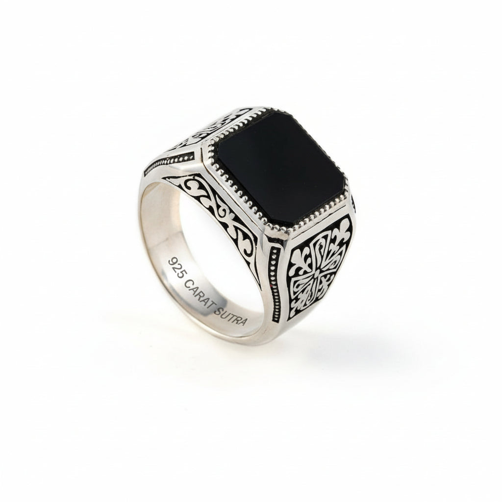 RARE PRINCE by CARAT SUTRA | Unique Turkish Style Ring with Natural Black Onyx | 925 Sterling Silver Oxidized Ring | Men's Jewelry | With Certificate of Authenticity and 925 Hallmark - caratsutra