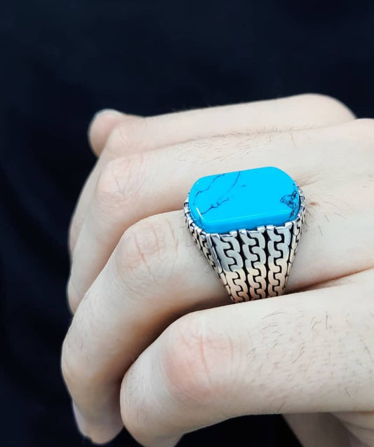 RARE PRINCE by CARAT SUTRA | Unique Turkish Gucci Style Ring with Natural Blue Turquoise | 925 Sterling Silver Oxidized Ring | Men's Jewelry | With Certificate of Authenticity and 925 Hallmark - caratsutra