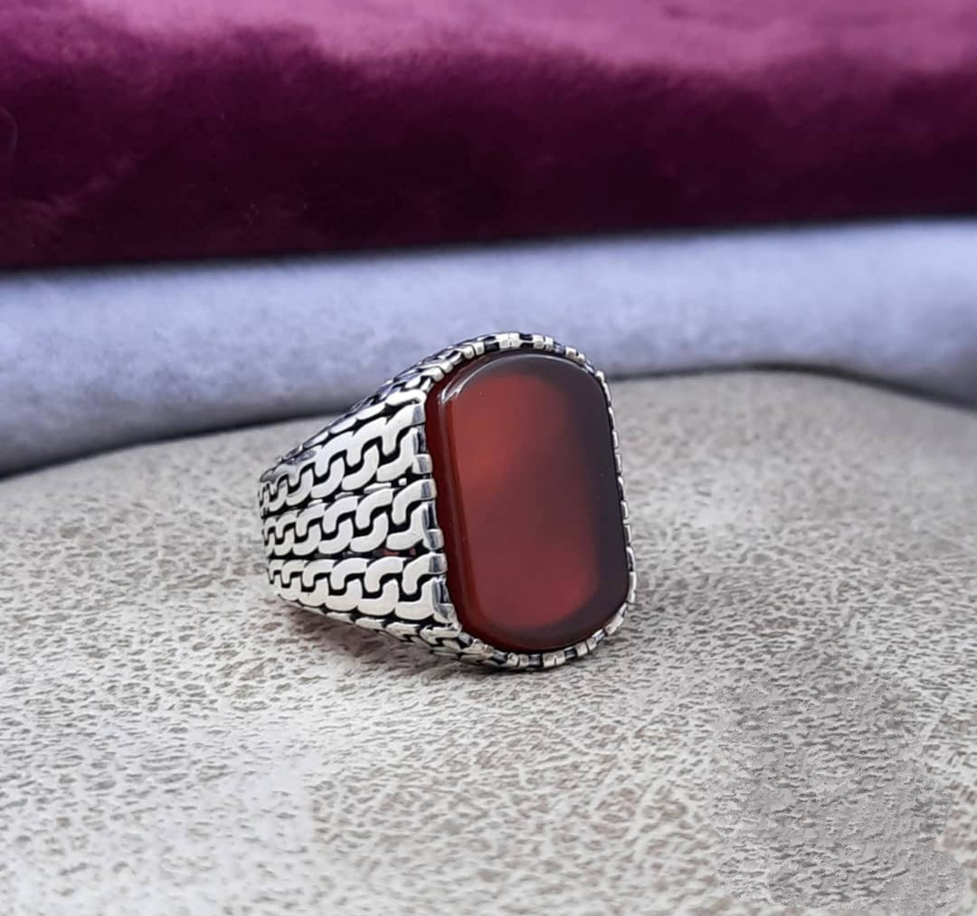 RARE PRINCE by CARAT SUTRA | Unique Turkish Gucci Style Ring with Natural Red Agate | 925 Sterling Silver Oxidized Ring | Men's Jewelry | With Certificate of Authenticity and 925 Hallmark - caratsutra