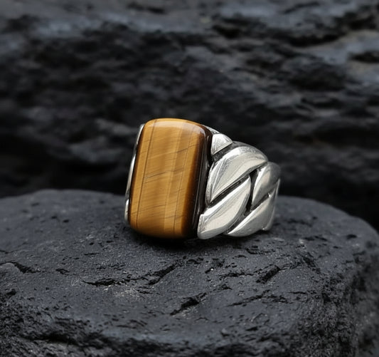 RARE PRINCE by CARAT SUTRA | Unique Turkish Braided Style Ring with Natural Tiger Eye | 925 Sterling Silver Oxidized Ring | Men's Jewelry | With Certificate of Authenticity and 925 Hallmark - caratsutra