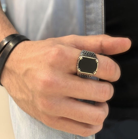 RARE PRINCE by CARAT SUTRA | Unique Turkish Style Ring with Natural Black Onyx | 925 Sterling Silver Oxidized Ring | Men's Jewelry | With Certificate of Authenticity and 925 Hallmark - caratsutra