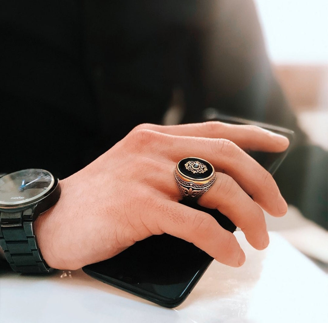 RARE PRINCE by CARAT SUTRA | Unique Turkish Style Ring with Natural Black Onyx | 925 Sterling Silver Oxidized Ring | Men's Jewelry | With Certificate of Authenticity and 925 Hallmark - caratsutra