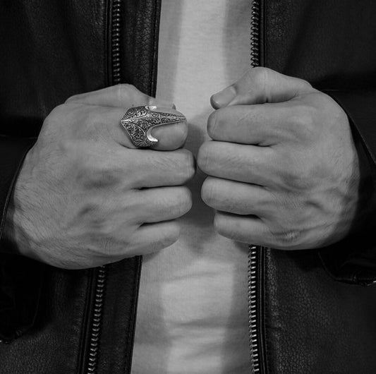 RARE PRINCE by CARAT SUTRA | Unique Turkish Style Thumb Ring | 925 Sterling Silver Oxidized Ring | Men's Jewelry | With Certificate of Authenticity and 925 Hallmark - caratsutra