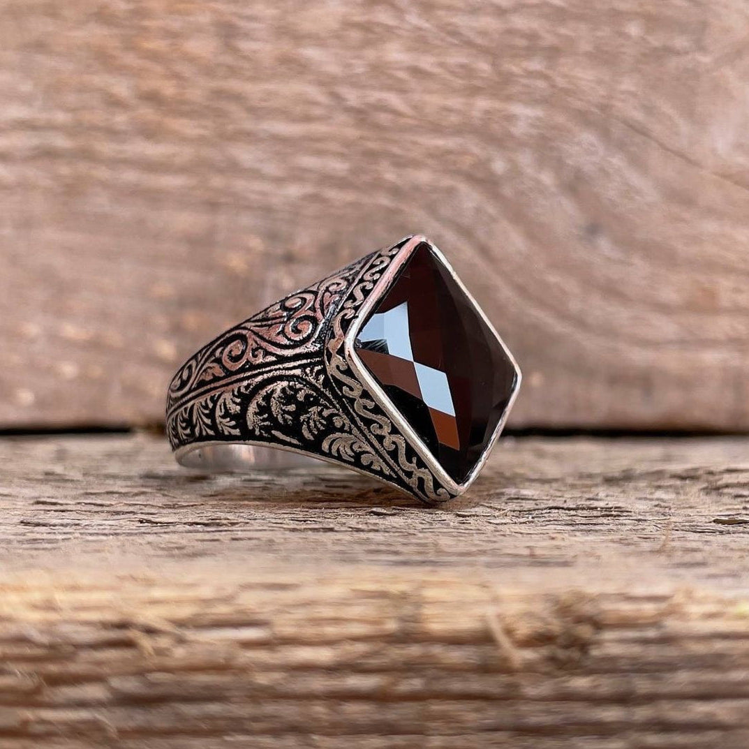 RARE PRINCE by CARAT SUTRA | Unique Turkish Style Ring with Faceted Natural Black Onyx | 925 Sterling Silver Oxidized Ring | Men's Jewelry | With Certificate of Authenticity and 925 Hallmark - caratsutra