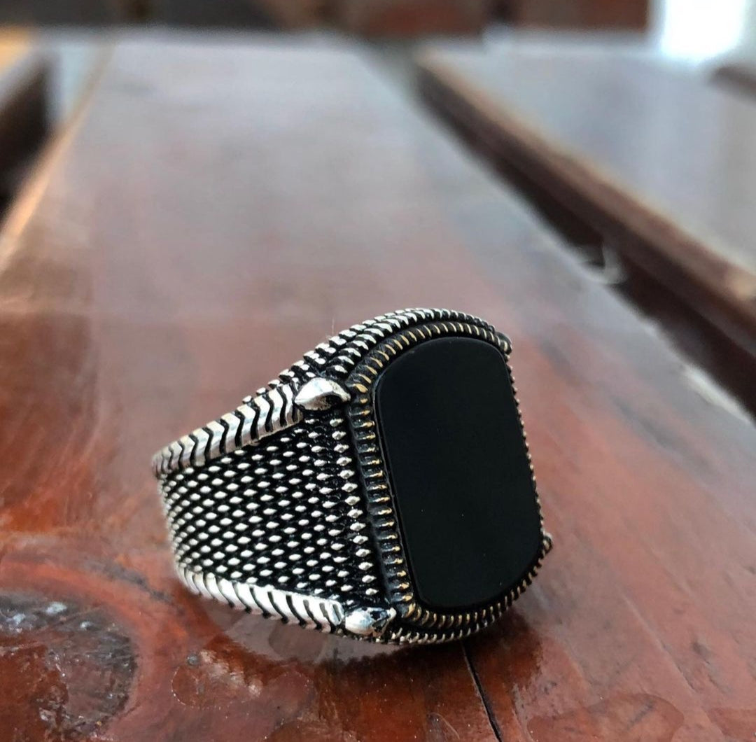 RARE PRINCE by CARAT SUTRA | Unique Turkish Style Ring with Natural Black Onyx | 925 Sterling Silver Oxidized Ring | Men's Jewelry | With Certificate of Authenticity and 925 Hallmark - caratsutra