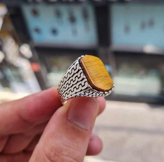 RARE PRINCE by CARAT SUTRA | Unique Turkish Gucci Style Ring with Natural Tiger Eye | 925 Sterling Silver Oxidized Ring | Men's Jewelry | With Certificate of Authenticity and 925 Hallmark - caratsutra