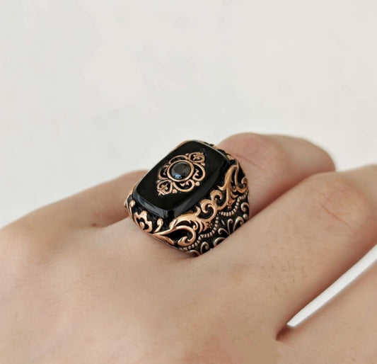 RARE PRINCE by CARAT SUTRA | Unique Turkish Style Ring with Natural Black Onyx | 925 Sterling Silver Oxidized Ring | Men's Jewelry | With Certificate of Authenticity and 925 Hallmark - caratsutra