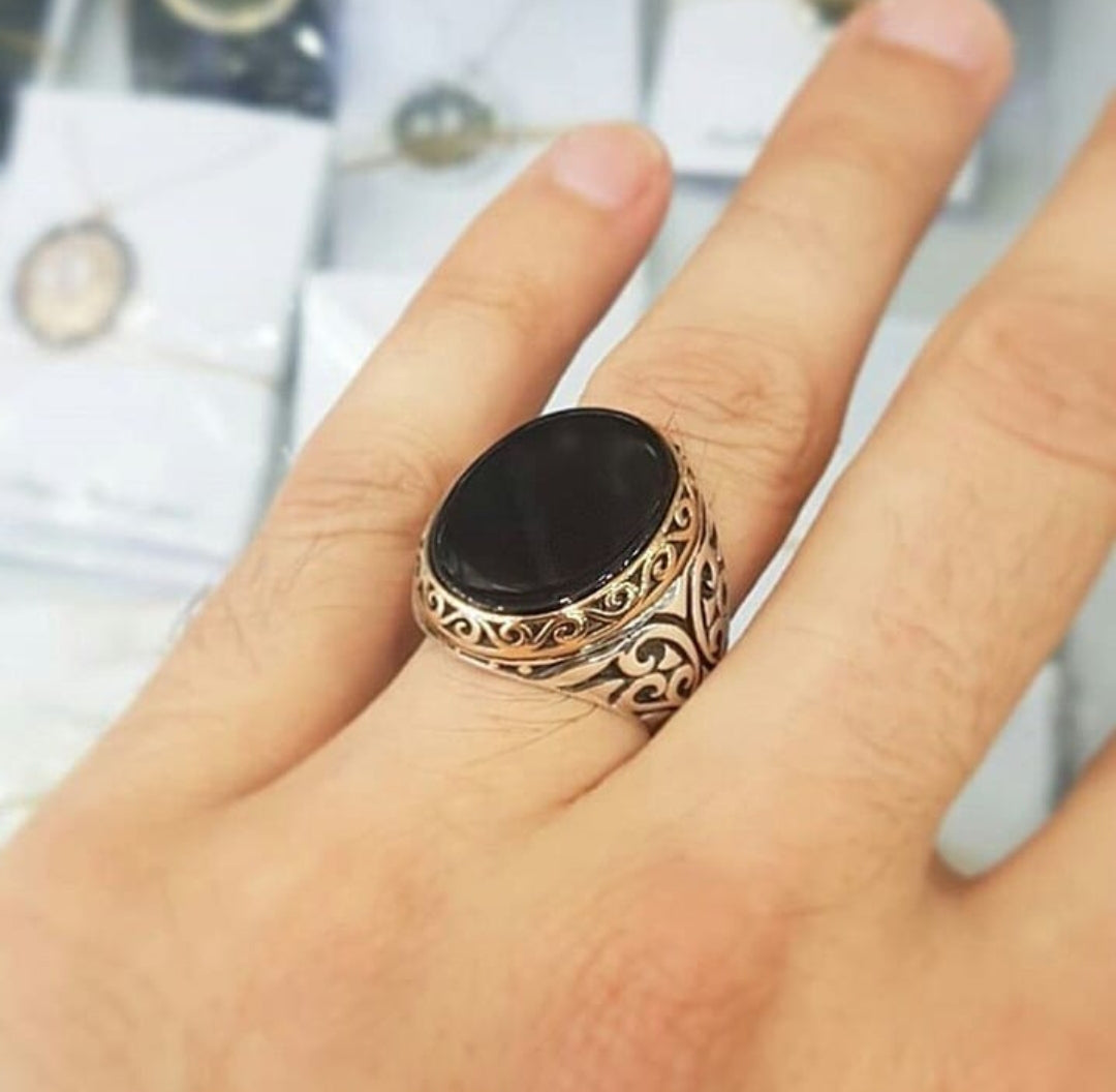 RARE PRINCE by CARAT SUTRA | Unique Turkish Style Ring with Natural Black Onyx | 925 Sterling Silver Oxidized Ring | Men's Jewelry | With Certificate of Authenticity and 925 Hallmark - caratsutra