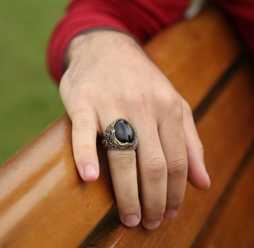RARE PRINCE by CARAT SUTRA | Unique Turkish Style Ring with Natural Black Onyx | 925 Sterling Silver Oxidized Ring | Men's Jewelry | With Certificate of Authenticity and 925 Hallmark - caratsutra