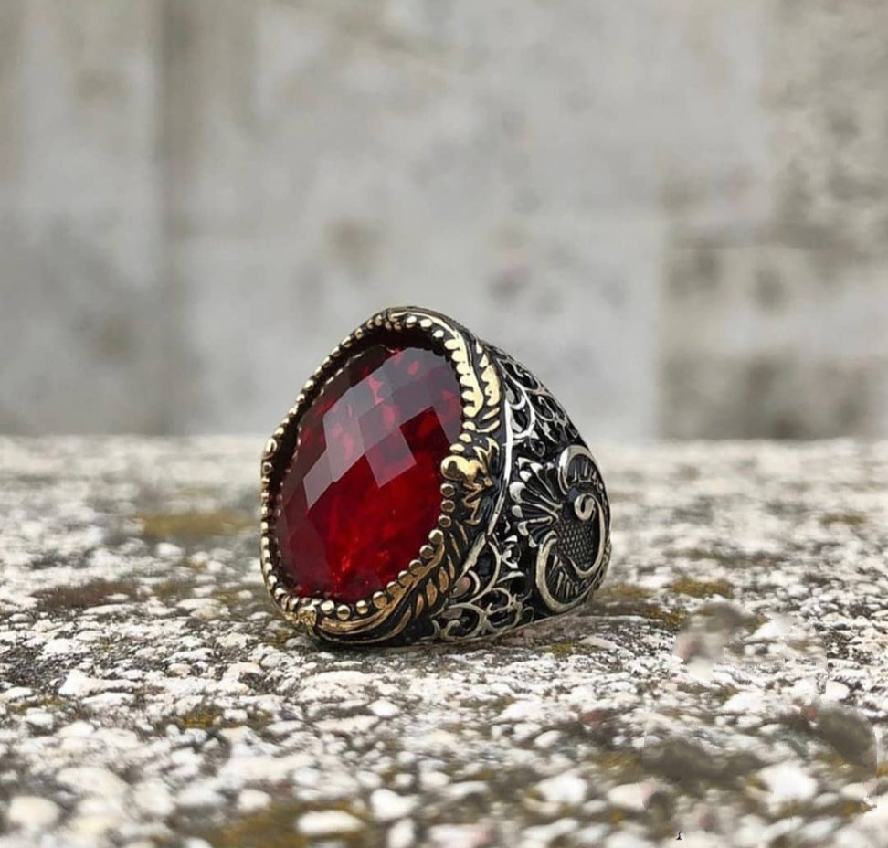 RARE PRINCE by CARAT SUTRA | Unique Turkish Style Ring with Faceted S Ruby | 925 Sterling Silver Oxidized Ring | Men's Jewelry | With Certificate of Authenticity and 925 Hallmark - caratsutra
