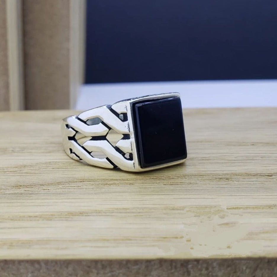 RARE PRINCE by CARAT SUTRA | Unique Turkish Gucci Style Ring with Natural Black Onyx | 925 Sterling Silver Oxidized Ring | Men's Jewelry | With Certificate of Authenticity and 925 Hallmark - caratsutra