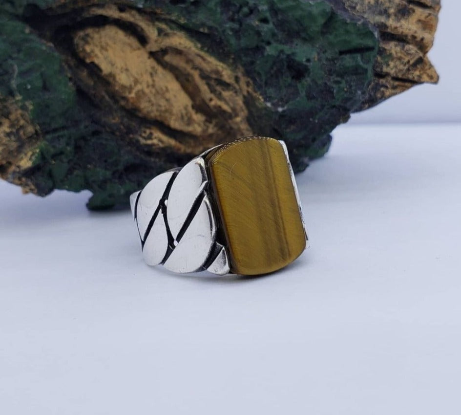RARE PRINCE by CARAT SUTRA | Unique Turkish Braided Style Ring with Natural Tiger Eye | 925 Sterling Silver Oxidized Ring | Men's Jewelry | With Certificate of Authenticity and 925 Hallmark - caratsutra