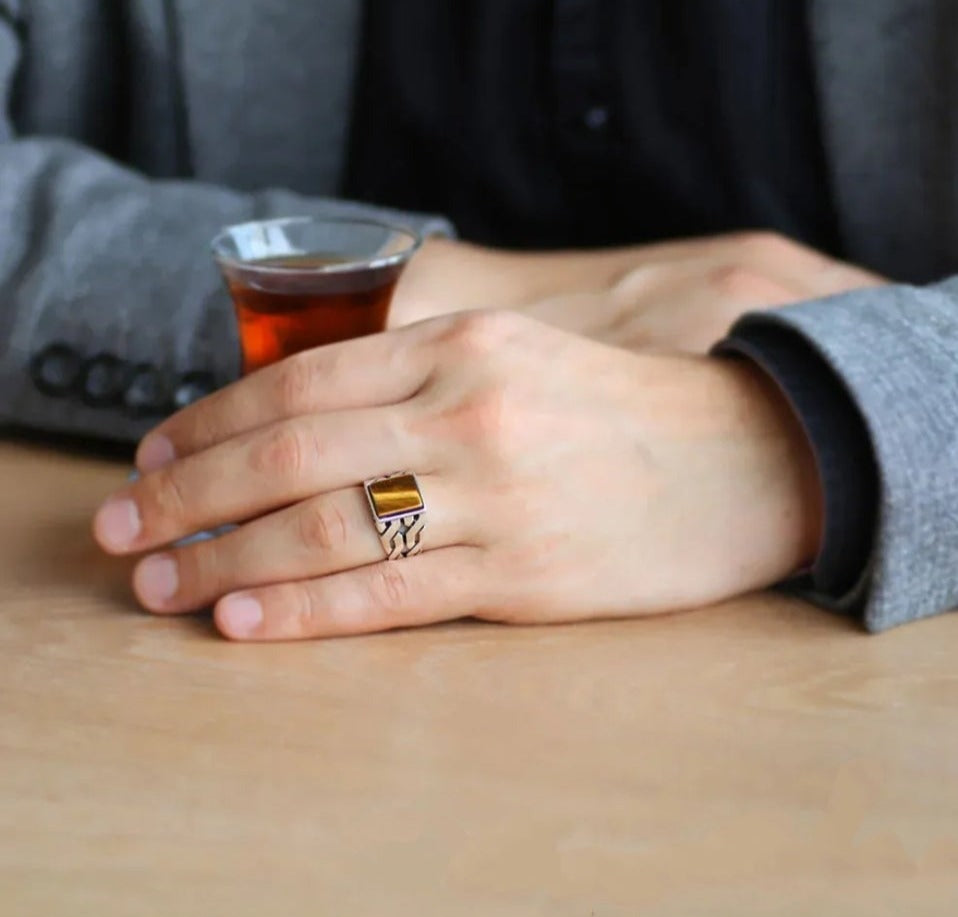 RARE PRINCE by CARAT SUTRA | Unique Turkish Gucci Style Ring with Natural Tiger Eye | 925 Sterling Silver Oxidized Ring | Men's Jewelry | With Certificate of Authenticity and 925 Hallmark - caratsutra