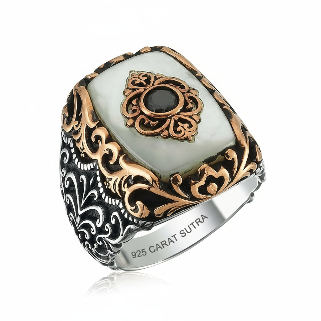 RARE PRINCE by CARAT SUTRA | Unique Turkish Style Ring with Natural Pearl | 925 Sterling Silver Oxidized Ring | Men's Jewelry | With Certificate of Authenticity and 925 Hallmark - caratsutra