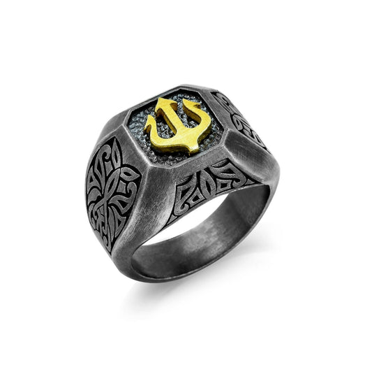 RARE PRINCE by CARAT SUTRA | Exclusive Trishul Symbol Signet Style Ring for Men, Oxidized Sterling Silver 925 Ring | Jewellery for Men| With Certificate of Authenticity and 925 Hallmark - caratsutra