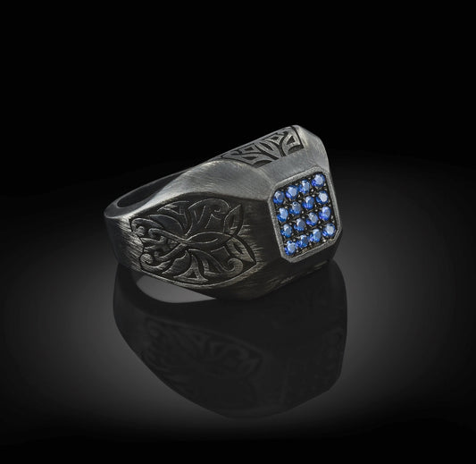 RARE PRINCE by CARAT SUTRA | Exclusive Signet Style Ring Studded with Blue Zircons for Men, Oxidized Sterling Silver 925 Ring | Jewellery for Men| With Certificate of Authenticity and 925 Hallmark - caratsutra