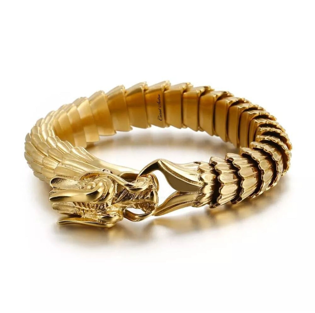 RARE PRINCE by CARAT SUTRA | Unique Vintage Gold Dragon Bracelet | 22kt Gold Micron Plated 925 Sterling Silver Bracelet | Unisex Jewelry | With Certificate of Authenticity and 925 Hallmark - caratsutra