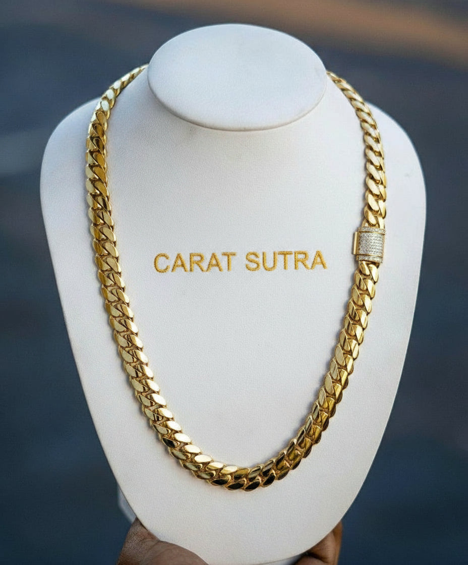 RARE PRINCE by CARAT SUTRA Solid 14mm Miami Cuban Link Chain with Iced Lock 22kt Gold Micron Plated on 925 Sterling Silver Chain with AAA+ Quality