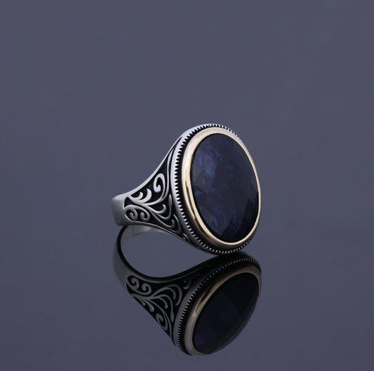 RARE PRINCE by CARAT SUTRA | Unique Turkish Style Ring with S Blue Sapphire, Oxidized Sterling Silver 925 Ring | Jewellery for Men| With Certificate of Authenticity and 925 Hallmark - caratsutra