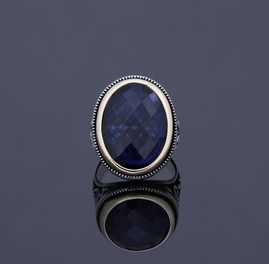 RARE PRINCE by CARAT SUTRA | Unique Turkish Style Ring with S Blue Sapphire, Oxidized Sterling Silver 925 Ring | Jewellery for Men| With Certificate of Authenticity and 925 Hallmark - caratsutra