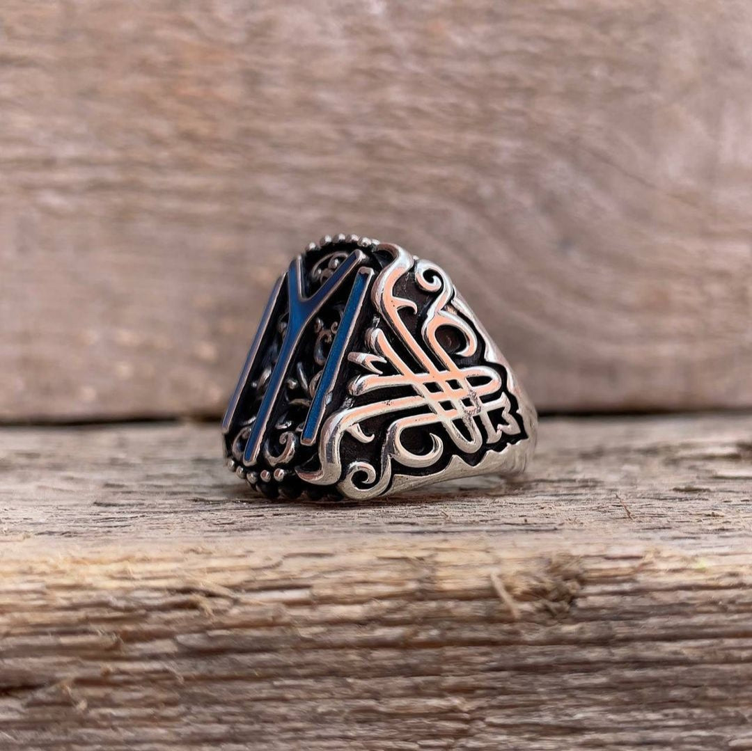 RARE PRINCE by CARAT SUTRA | Unique Designed Kayi Ring with Blue Enamel | 925 Sterling Silver Oxidized Ring | Men's Jewelry | With Certificate of Authenticity and 925 Hallmark - caratsutra