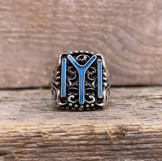 RARE PRINCE by CARAT SUTRA | Unique Designed Kayi Ring with Blue Enamel | 925 Sterling Silver Oxidized Ring | Men's Jewelry | With Certificate of Authenticity and 925 Hallmark - caratsutra