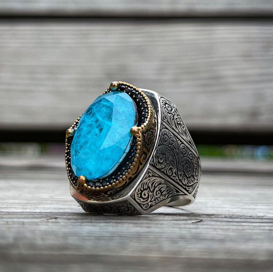 RARE PRINCE by CARAT SUTRA | Unique Designed Turkish Style Heavy Ring with Natural Blue Topaz | 925 Sterling Silver Oxidized Ring | Men's Jewelry | With Certificate of Authenticity and 925 Hallmark - caratsutra