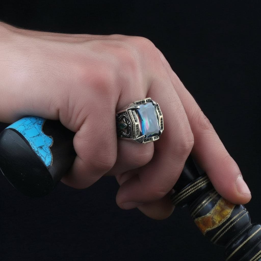 RARE PRINCE by CARAT SUTRA | Unique Designed Turkish Style Heavy Ring with Multicolored Alexandrite | 925 Sterling Silver Oxidized Ring | Men's Jewelry | With Certificate of Authenticity and 925 Hallmark - caratsutra