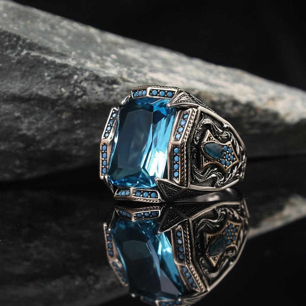 RARE PRINCE by CARAT SUTRA Unique Designed Turkish Style Heavy Ring with Blue Topaz 925 Sterling Silver Oxidized Ring Men's Jewelry With