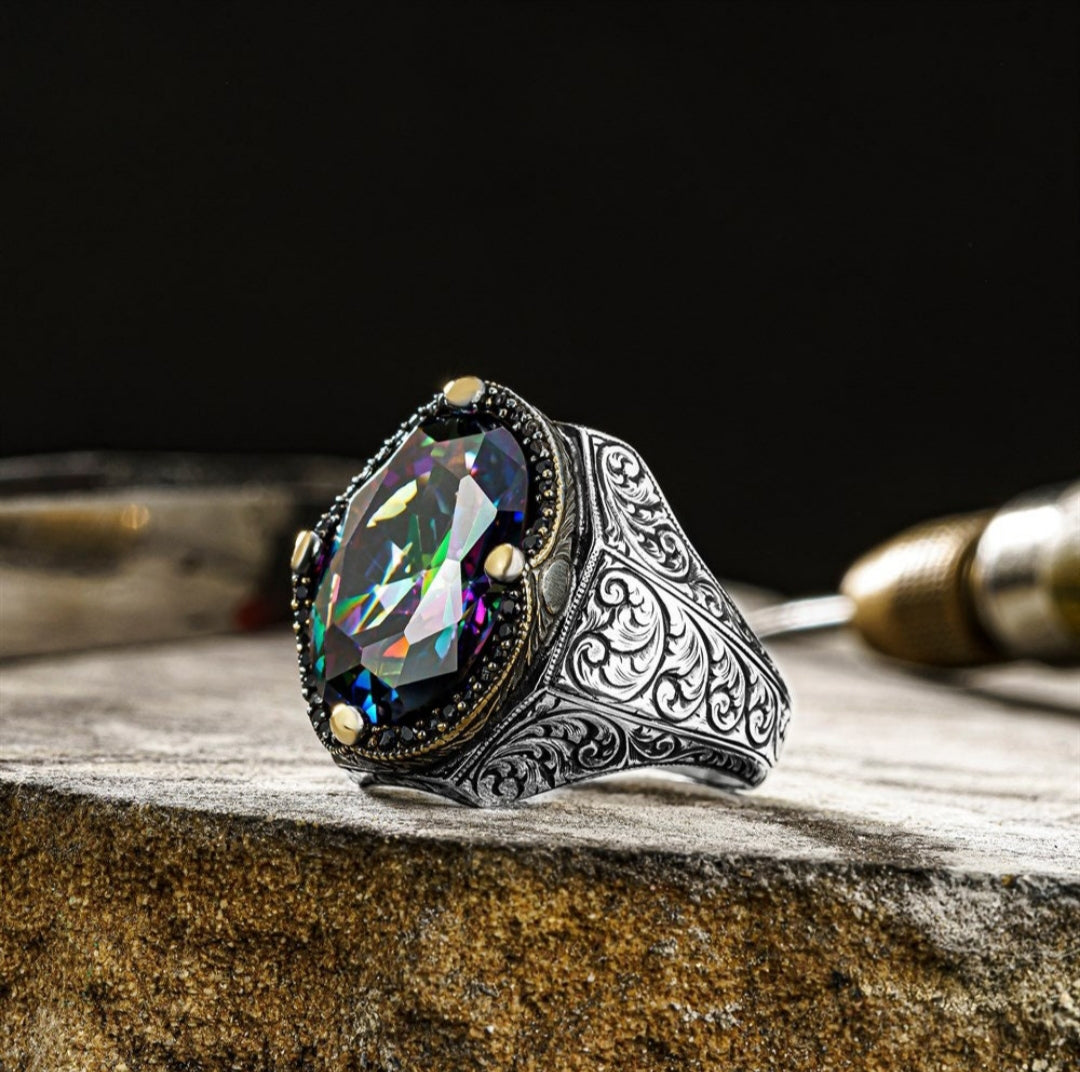 RARE PRINCE by CARAT SUTRA | Unique Designed Turkish Style Heavy Ring with Multicolored Alexandrite | 925 Sterling Silver Oxidized Ring | Men's Jewelry | With Certificate of Authenticity and 925 Hallmark - caratsutra