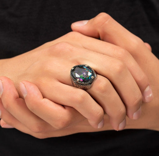 RARE PRINCE by CARAT SUTRA | Unique Designed Turkish Style Heavy Ring with Multicolored Alexandrite | 925 Sterling Silver Oxidized Ring | Men's Jewelry | With Certificate of Authenticity and 925 Hallmark - caratsutra