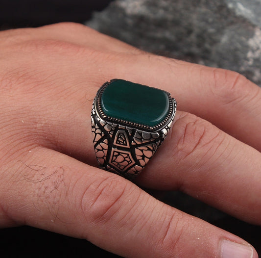 RARE PRINCE by CARAT SUTRA | Unique Designed Turkish Style Ring with Natural Green Onyx | 925 Sterling Silver Oxidized Ring | Men's Jewelry | With Certificate of Authenticity and 925 Hallmark - caratsutra