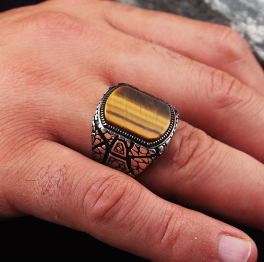 RARE PRINCE by CARAT SUTRA | Unique Designed Turkish Style Ring with Natural Tiger Eye | 925 Sterling Silver Oxidized Ring | Men's Jewelry | With Certificate of Authenticity and 925 Hallmark - caratsutra