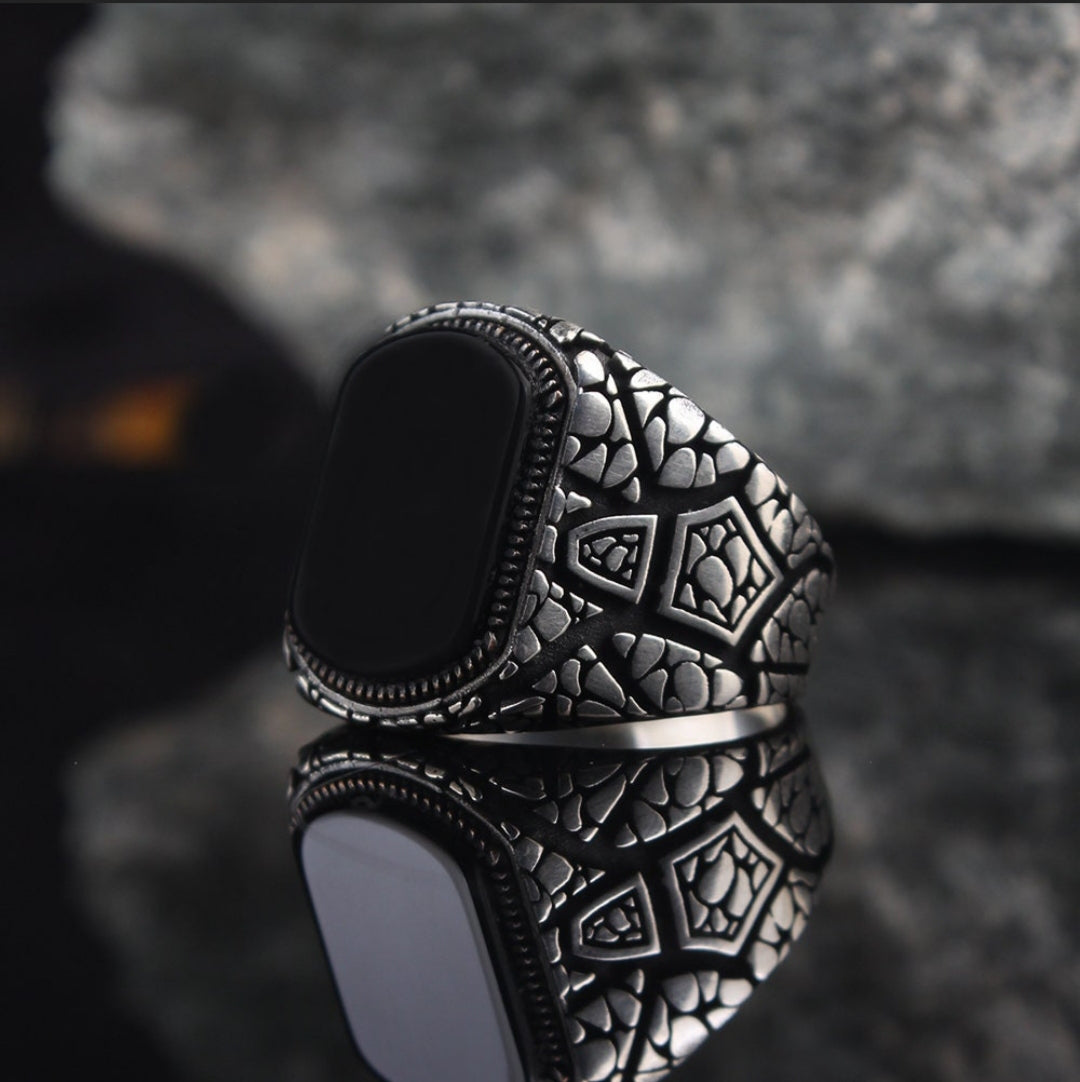 RARE PRINCE by CARAT SUTRA | Unique Designed Turkish Style Ring with Natural Black Onyx | 925 Sterling Silver Oxidized Ring | Men's Jewelry | With Certificate of Authenticity and 925 Hallmark - caratsutra