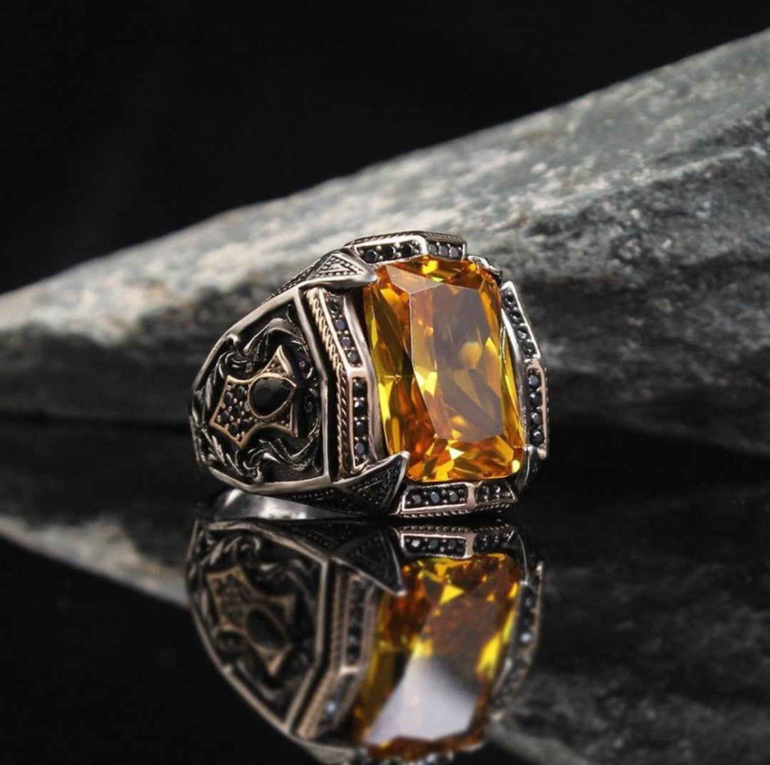 RARE PRINCE by CARAT SUTRA | Unique Designed Turkish Style Heavy Ring with S Yellow Sapphire | 925 Sterling Silver Oxidized Ring | Men's Jewelry | With Certificate of Authenticity and 925 Hallmark - caratsutra