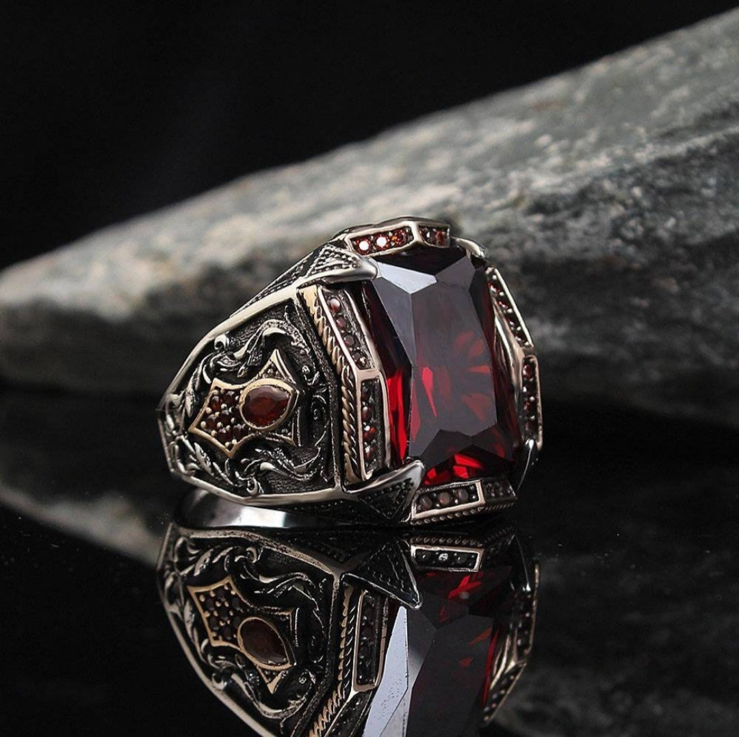 RARE PRINCE by CARAT SUTRA | Unique Designed Turkish Style Heavy Ring with S Ruby | 925 Sterling Silver Oxidized Ring | Men's Jewelry | With Certificate of Authenticity and 925 Hallmark - caratsutra