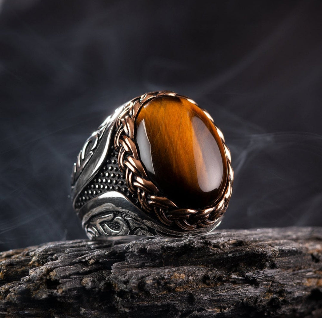 RARE PRINCE by CARAT SUTRA | Unique Designed Turkish Style Ring with Natural Tiger Eye | 925 Sterling Silver Oxidized Ring | Men's Jewelry | With Certificate of Authenticity and 925 Hallmark - caratsutra