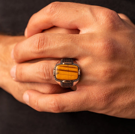 RARE PRINCE by CARAT SUTRA | Unique Designed Turkish Style Ring with Natural Tiger Eye | 925 Sterling Silver Oxidized Ring | Men's Jewelry | With Certificate of Authenticity and 925 Hallmark - caratsutra