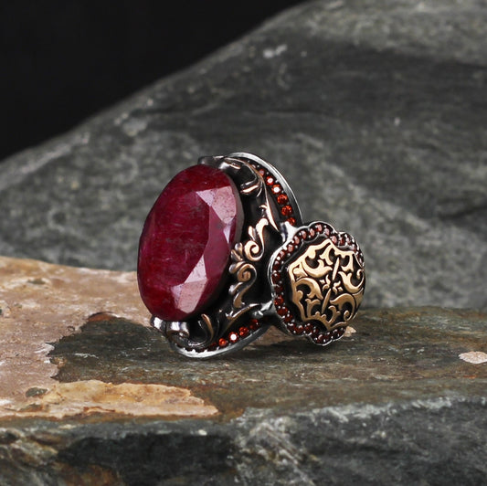 RARE PRINCE by CARAT SUTRA | Unique Designed Turkish Style Heavy Ring with Natural Red Ruby | 22kt Gold Micron Plated 925 Sterling Silver Oxidized Ring | Men's Jewelry | With Certificate of Authenticity and 925 Hallmark - caratsutra