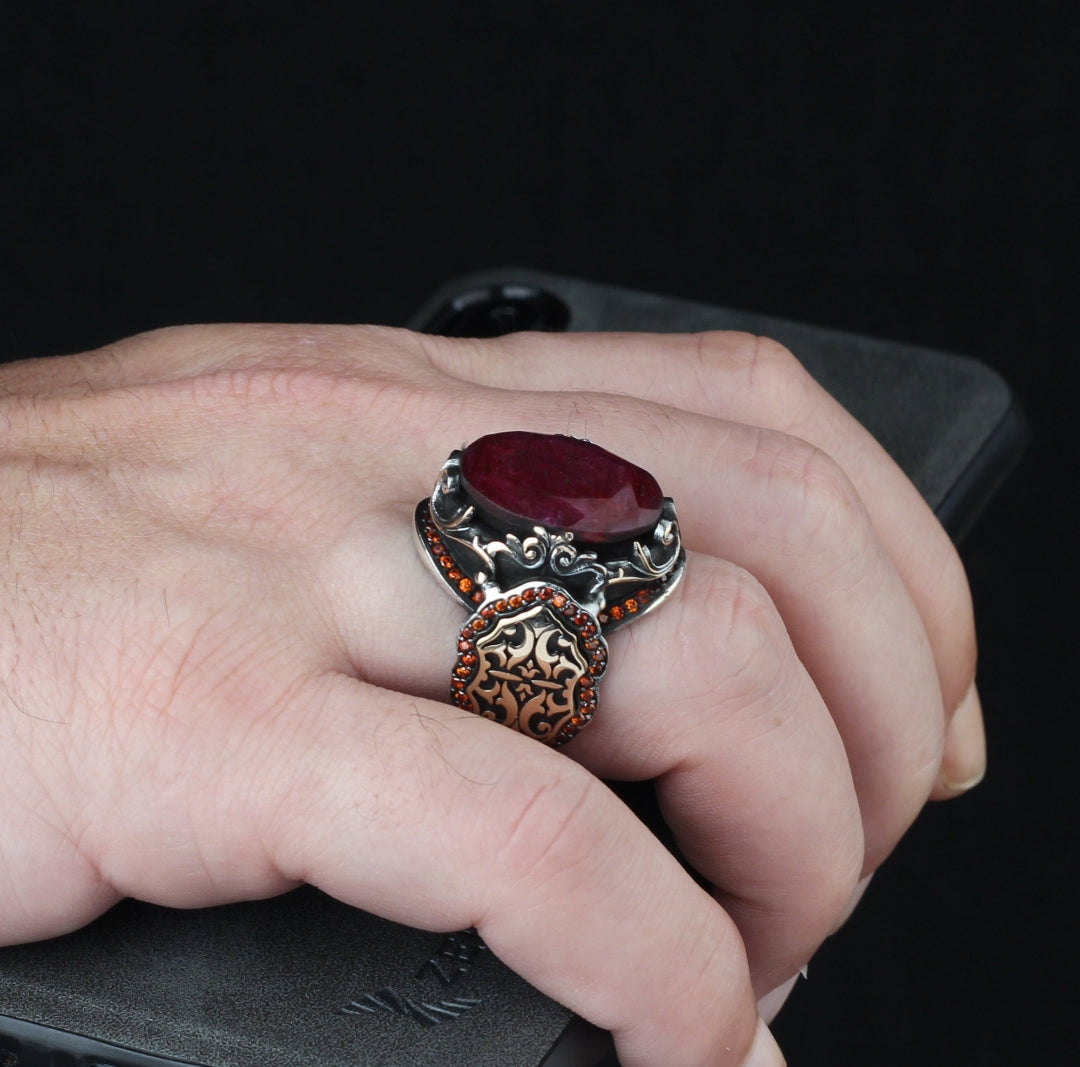 RARE PRINCE by CARAT SUTRA | Unique Designed Turkish Style Heavy Ring with Natural Red Ruby | 22kt Gold Micron Plated 925 Sterling Silver Oxidized Ring | Men's Jewelry | With Certificate of Authenticity and 925 Hallmark - caratsutra