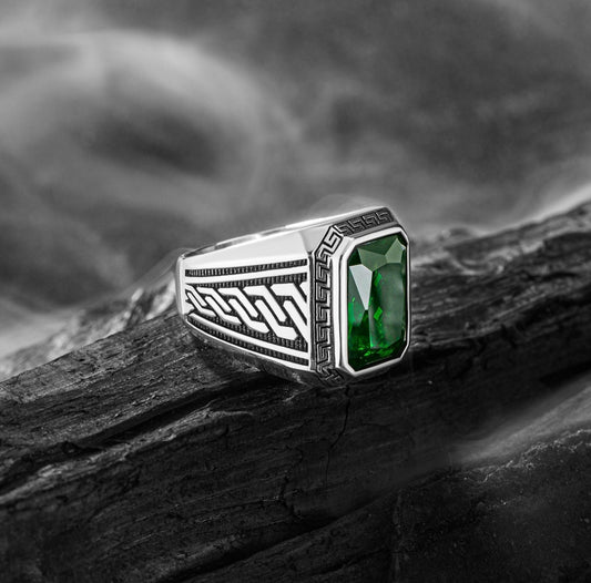 RARE PRINCE by CARAT SUTRA | Unique Versace Designed Turkish Style Ring with Green Zircon , 925 Sterling Silver Oxidized Ring | Men's Jewelry | With Certificate of Authenticity and 925 Hallmark - caratsutra