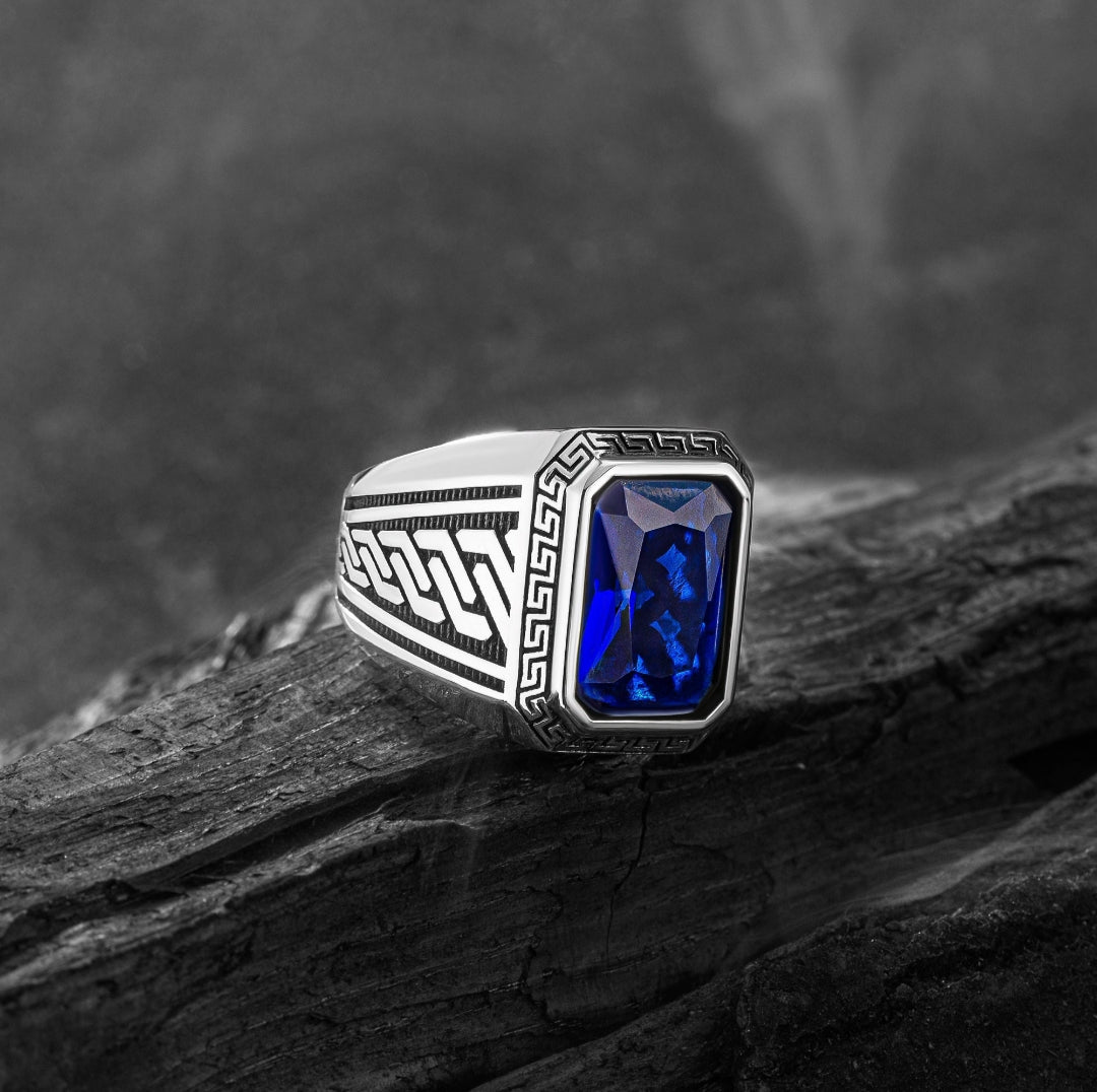 RARE PRINCE by CARAT SUTRA | Unique Versace Designed Turkish Style Ring with Blue Zircon , 925 Sterling Silver Oxidized Ring | Men's Jewelry | With Certificate of Authenticity and 925 Hallmark - caratsutra