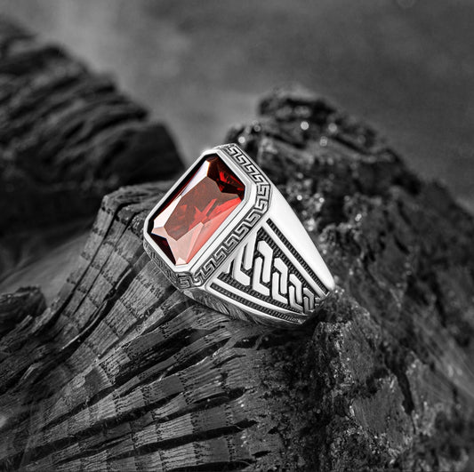 RARE PRINCE by CARAT SUTRA | Unique Versace Designed Turkish Style Ring with Red Zircon , 925 Sterling Silver Oxidized Ring | Men's Jewelry | With Certificate of Authenticity and 925 Hallmark - caratsutra